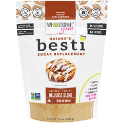 Wholesome Yum Besti Brown Sugar Substitute bottle pouring for sugar-free baking with brown sugar feel.