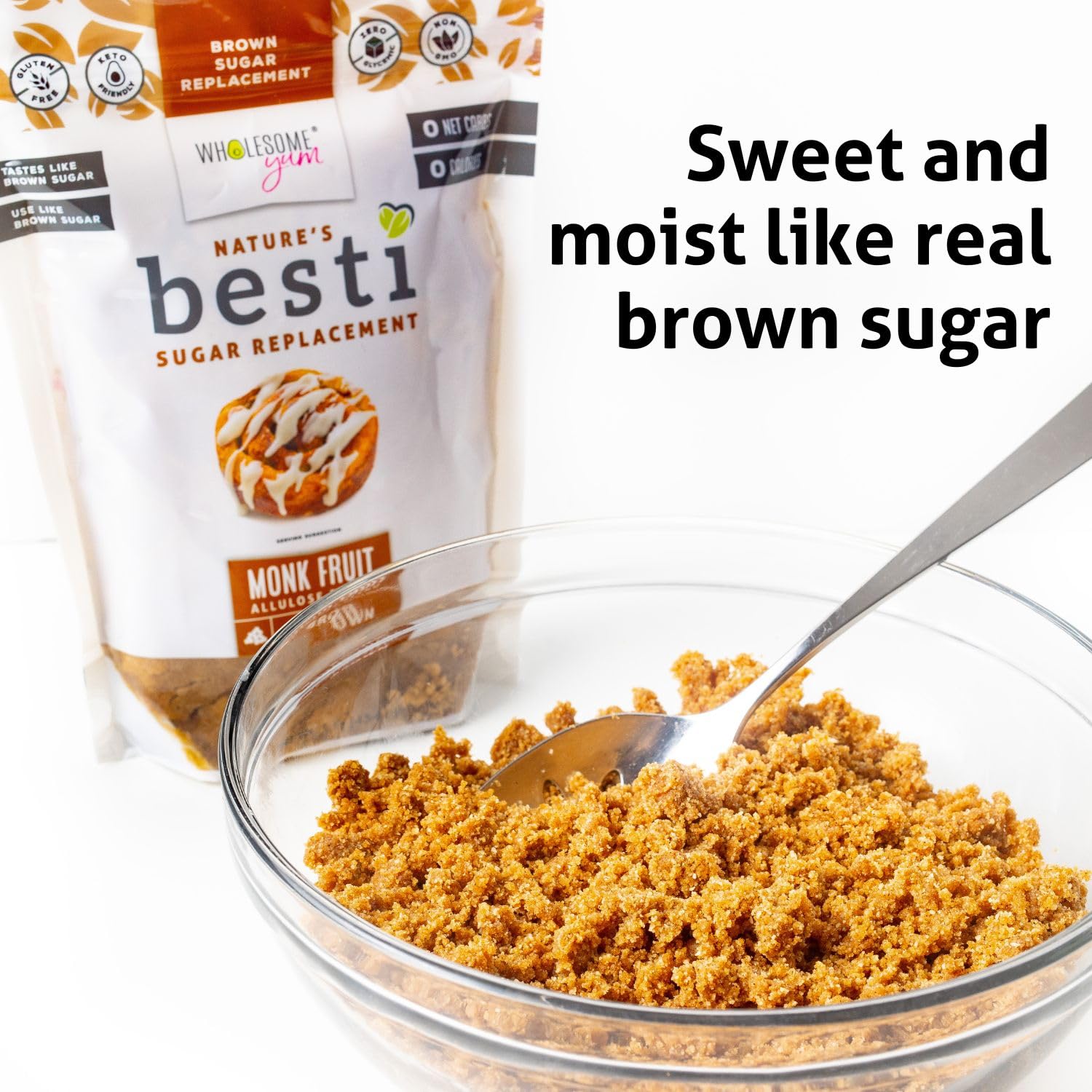 Wholesome Yum Besti Brown Sugar Substitute ingredients list highlights monk fruit and allulose.