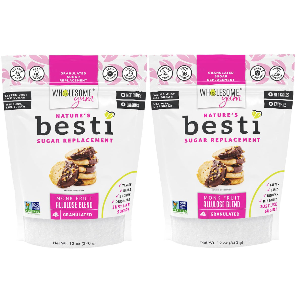 Wholesome Yum Besti monk fruit sweetener bag front shows zero calories and keto-friendly branding.