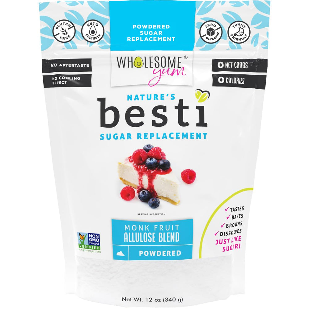 Wholesome Yum Besti powdered sugar substitute close-up showing sugar-like texture and no aftertaste.
