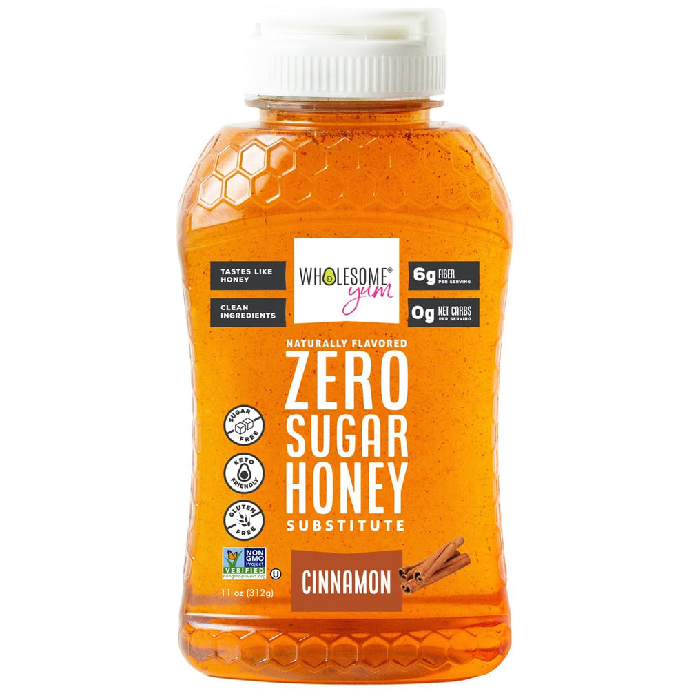 Wholesome Yum Cinnamon Zero Sugar Honey Substitute bottle, keto-friendly sweetness for toast