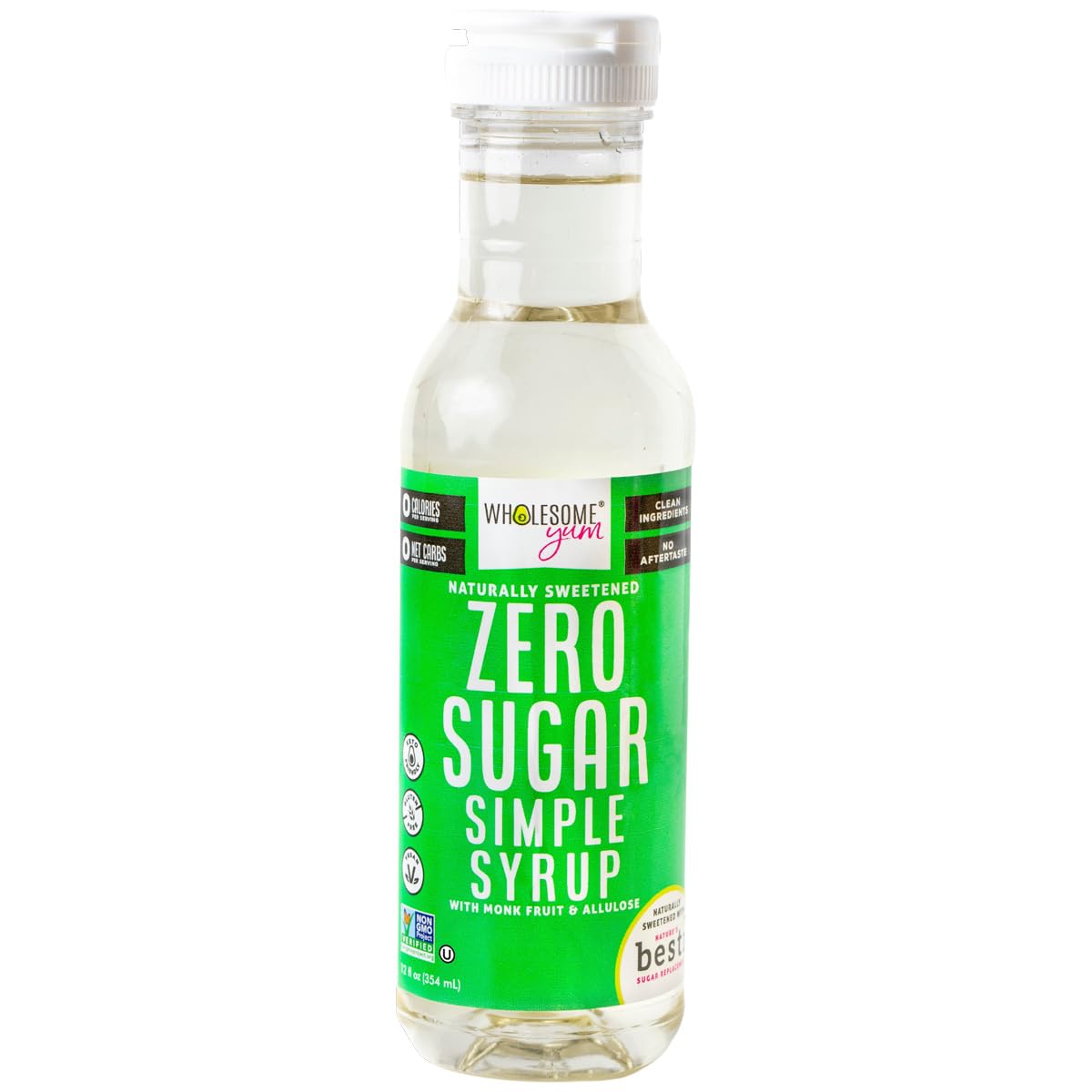 Wholesome Yum Keto Simple Syrup bottle showcases zero-calorie sweetness for drinks and recipes.
