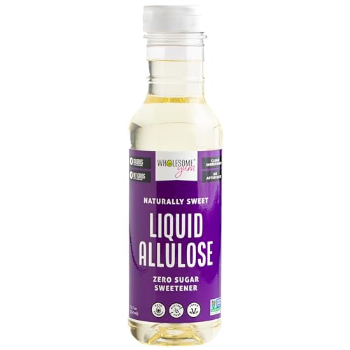 Wholesome Yum liquid allulose syrup poured from a bottle, zero calories.