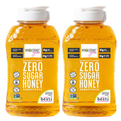 Wholesome Yum Zero Sugar Honey Substitute bottle highlights natural sweetness for tea and toast.