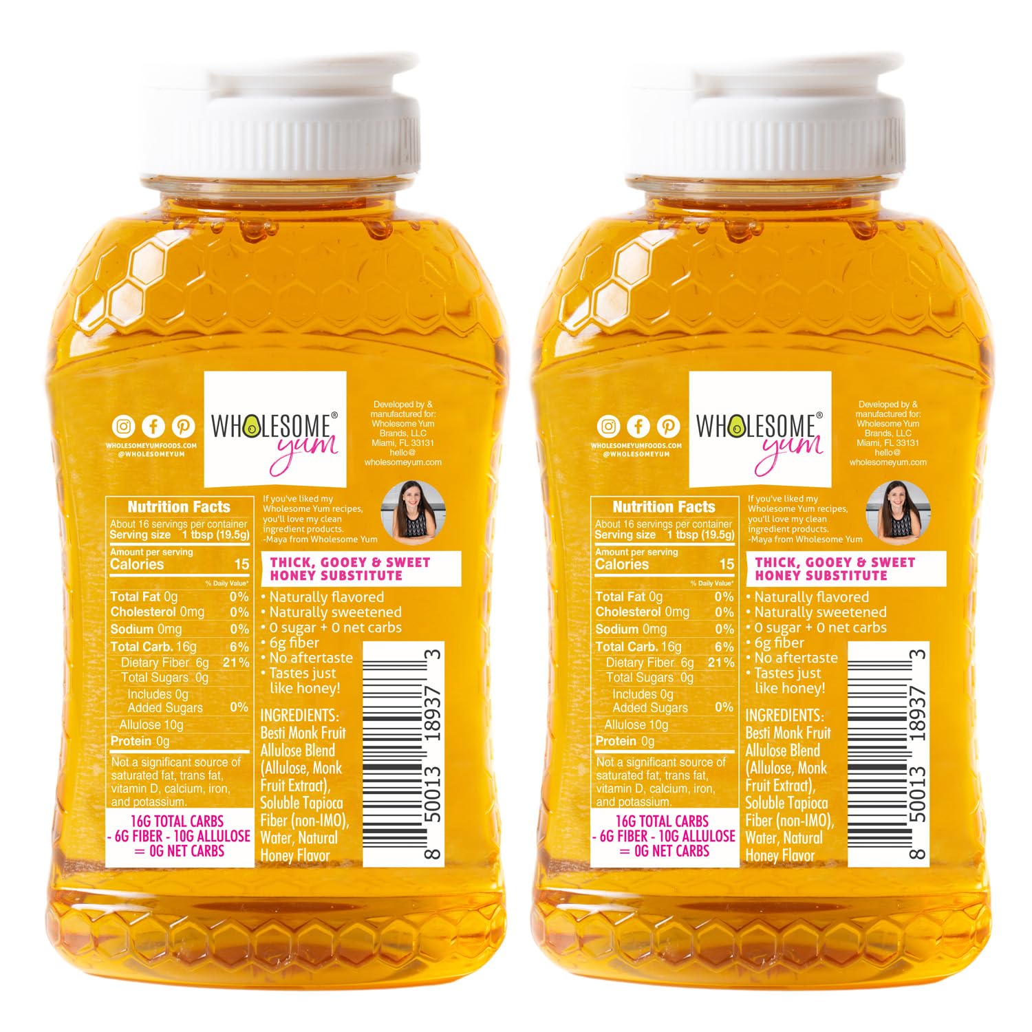 Wholesome Yum Zero Sugar Honey Substitute label highlights monk fruit and allulose blend.