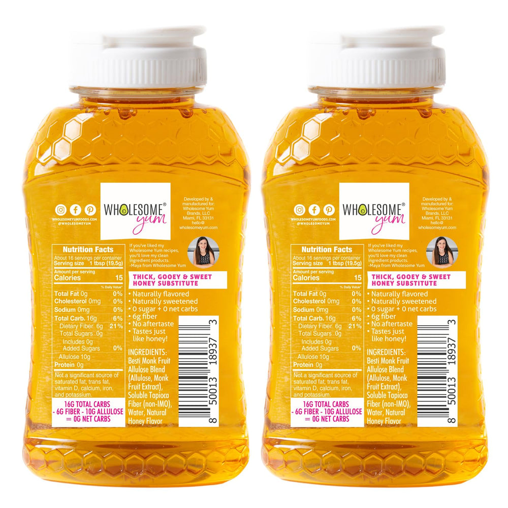 Wholesome Yum Zero Sugar Honey Substitute label highlights monk fruit and allulose blend.