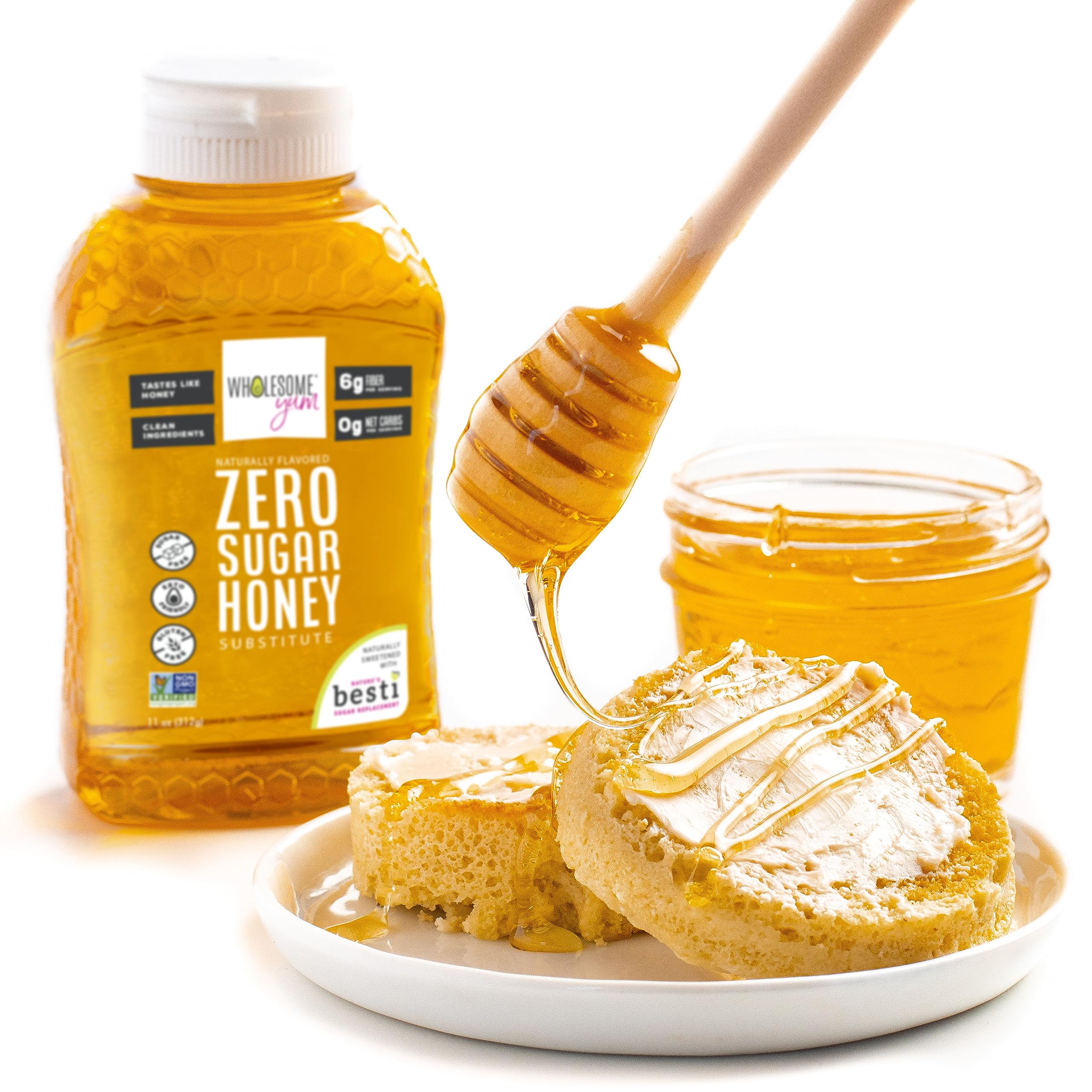 Wholesome Yum Zero Sugar Honey Substitute texture closeup shows thick consistency for drizzling.