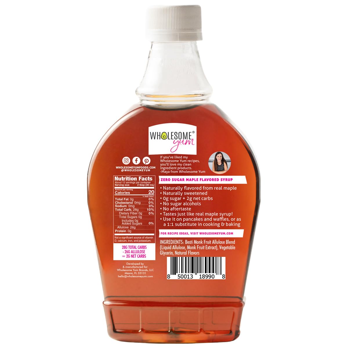 Wholesome Yum sugar-free maple syrup beside desserts, versatile glaze option.