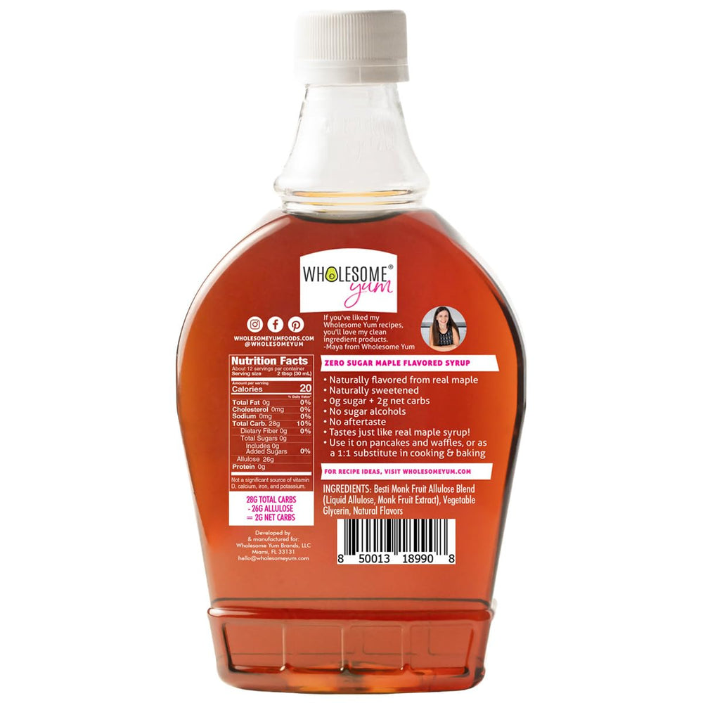 Wholesome Yum sugar-free maple syrup beside desserts, versatile glaze option.