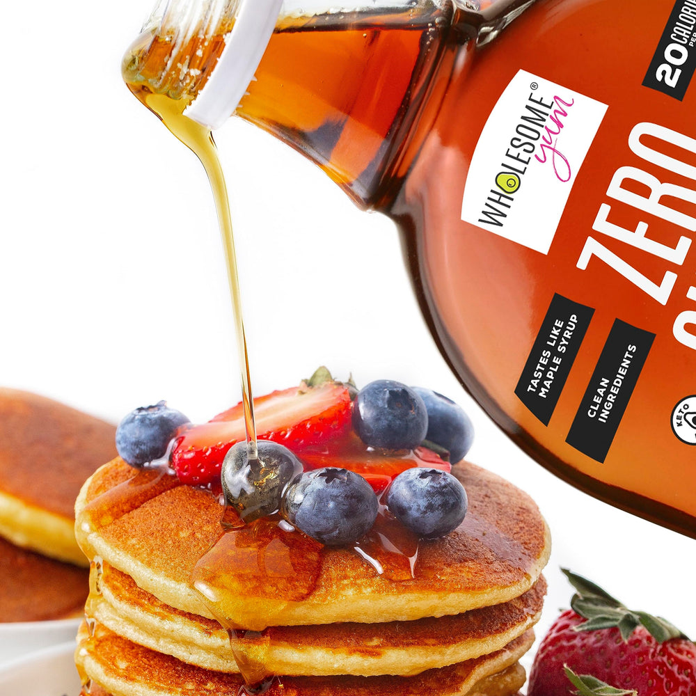 Wholesome Yum keto maple syrup on muffins, low carb breakfast.