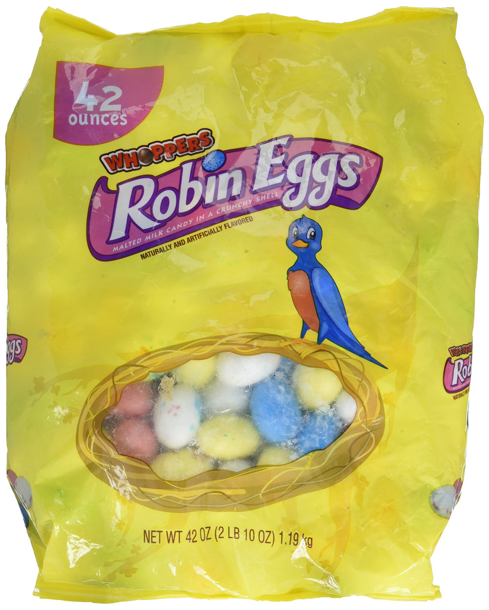 Whoppers Robin Eggs Candy bag shows colorful speckled shells for festive Easter snacking.
