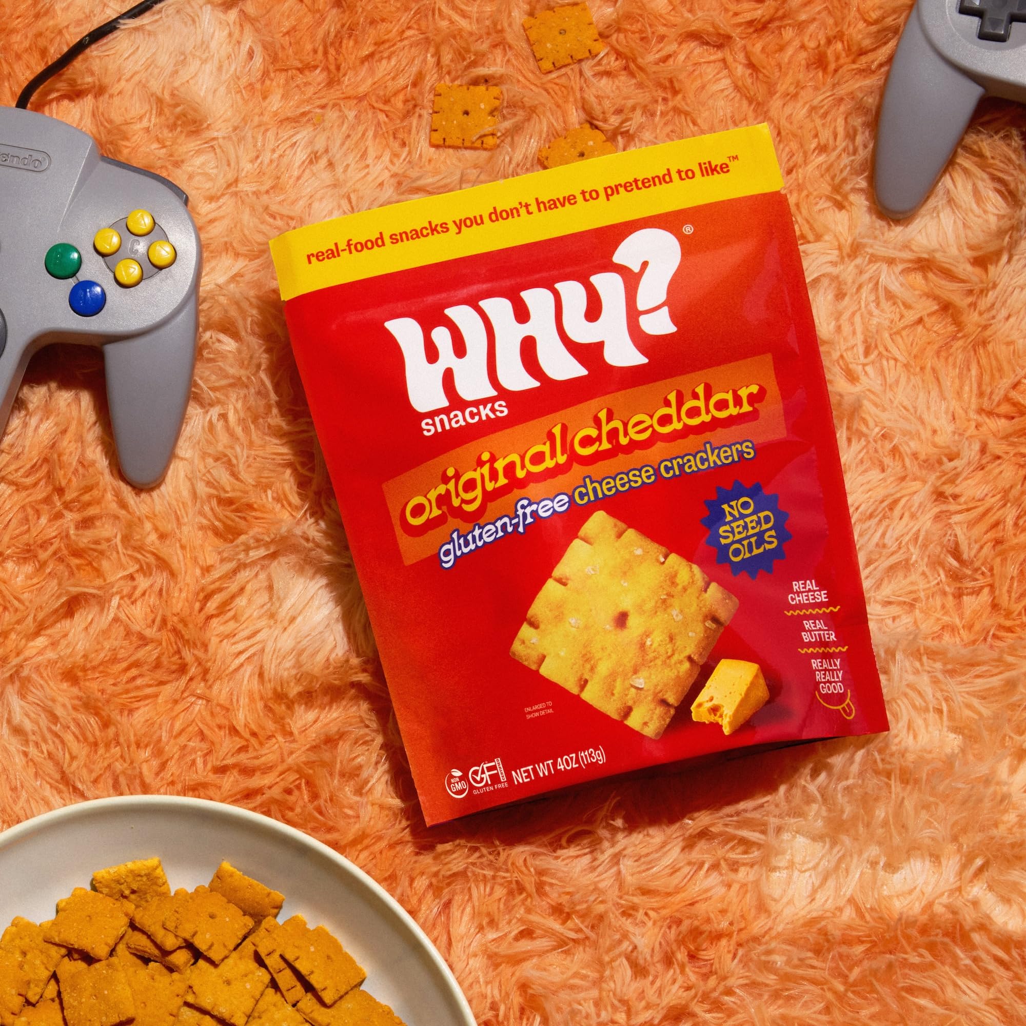 WHY? SNACKS pantry display of crackers under clean ingredients claim.