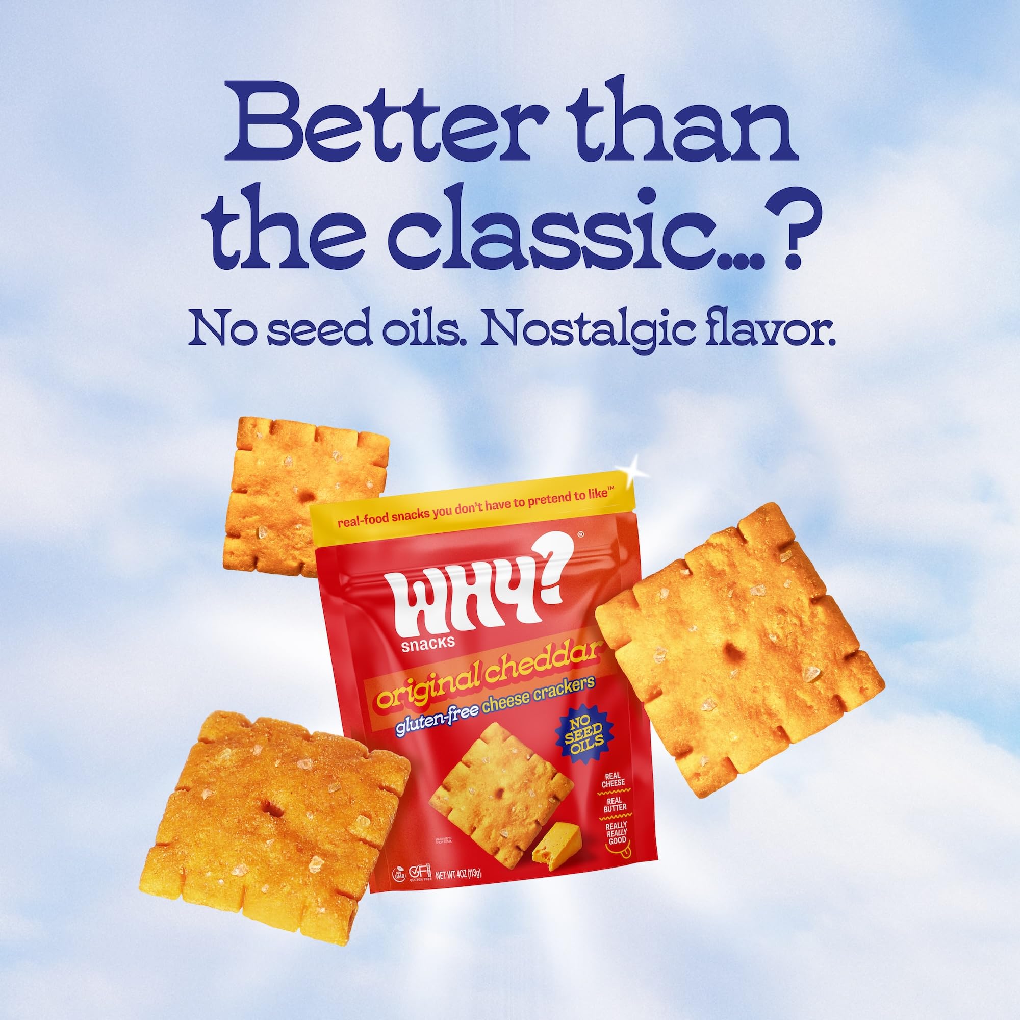 WHY? SNACKS rosemary sprig signals freshness in a classic cheese cracker setup.