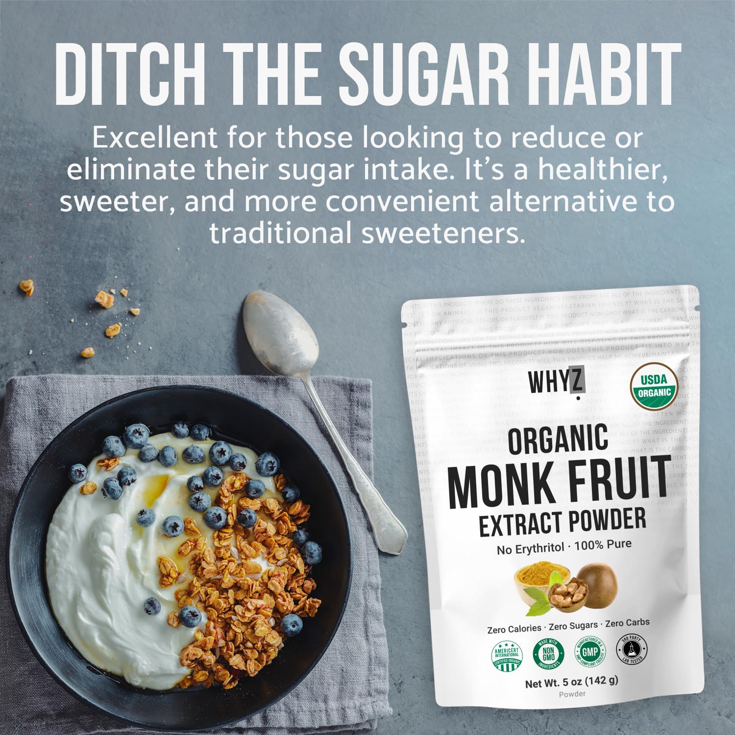 WHYZ Low glycemic monk fruit sweetener helps steady energy in beverages.