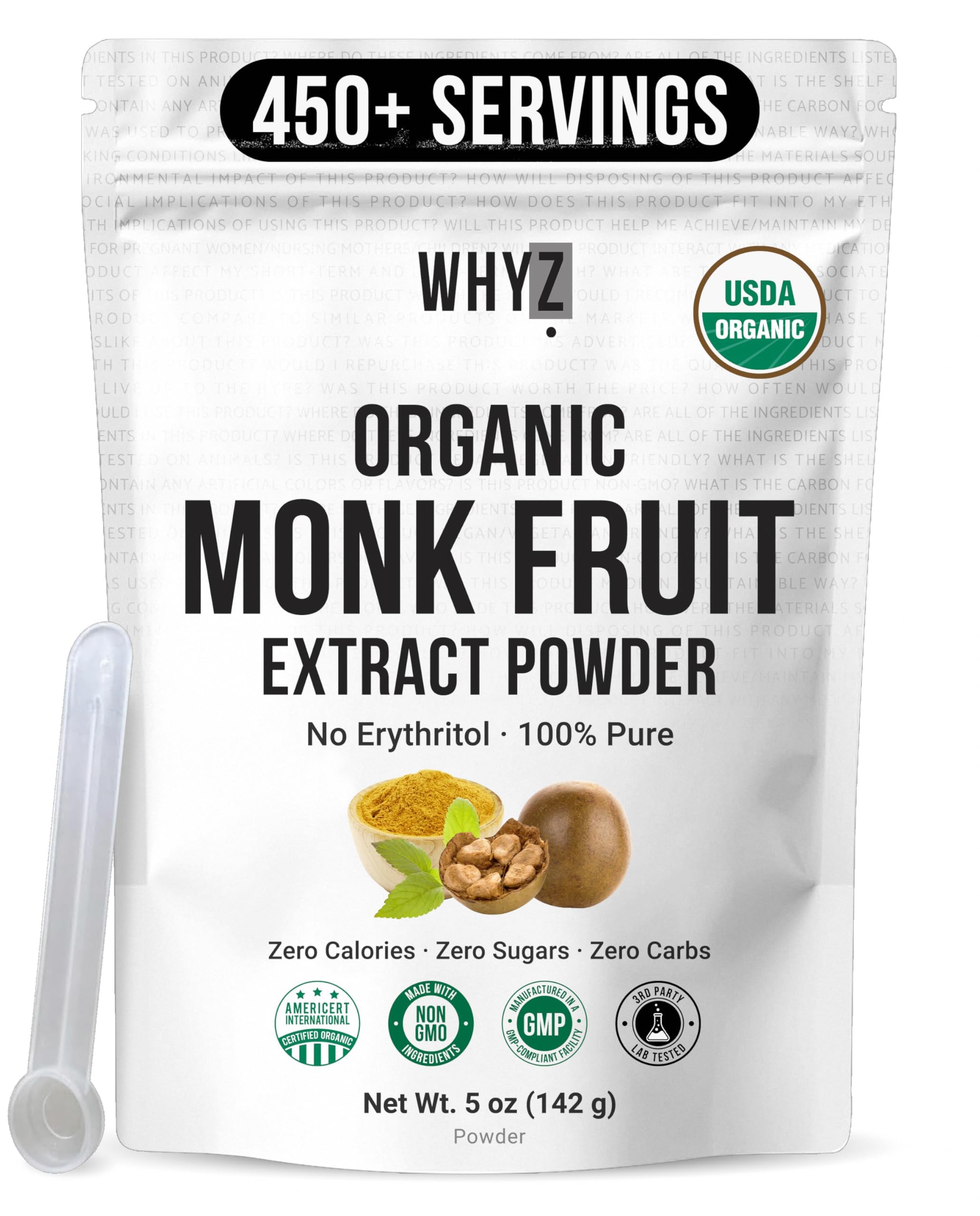 WHYZ Organic Monk Fruit Extract powder in a jar for zero-calorie baking and beverages.