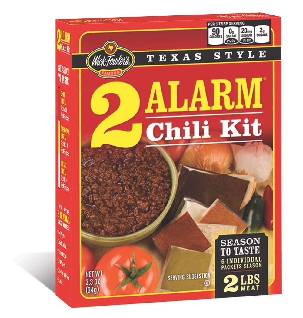 Wick Fowler's 2-Alarm Chili Kit six spice packs for customizable heat.