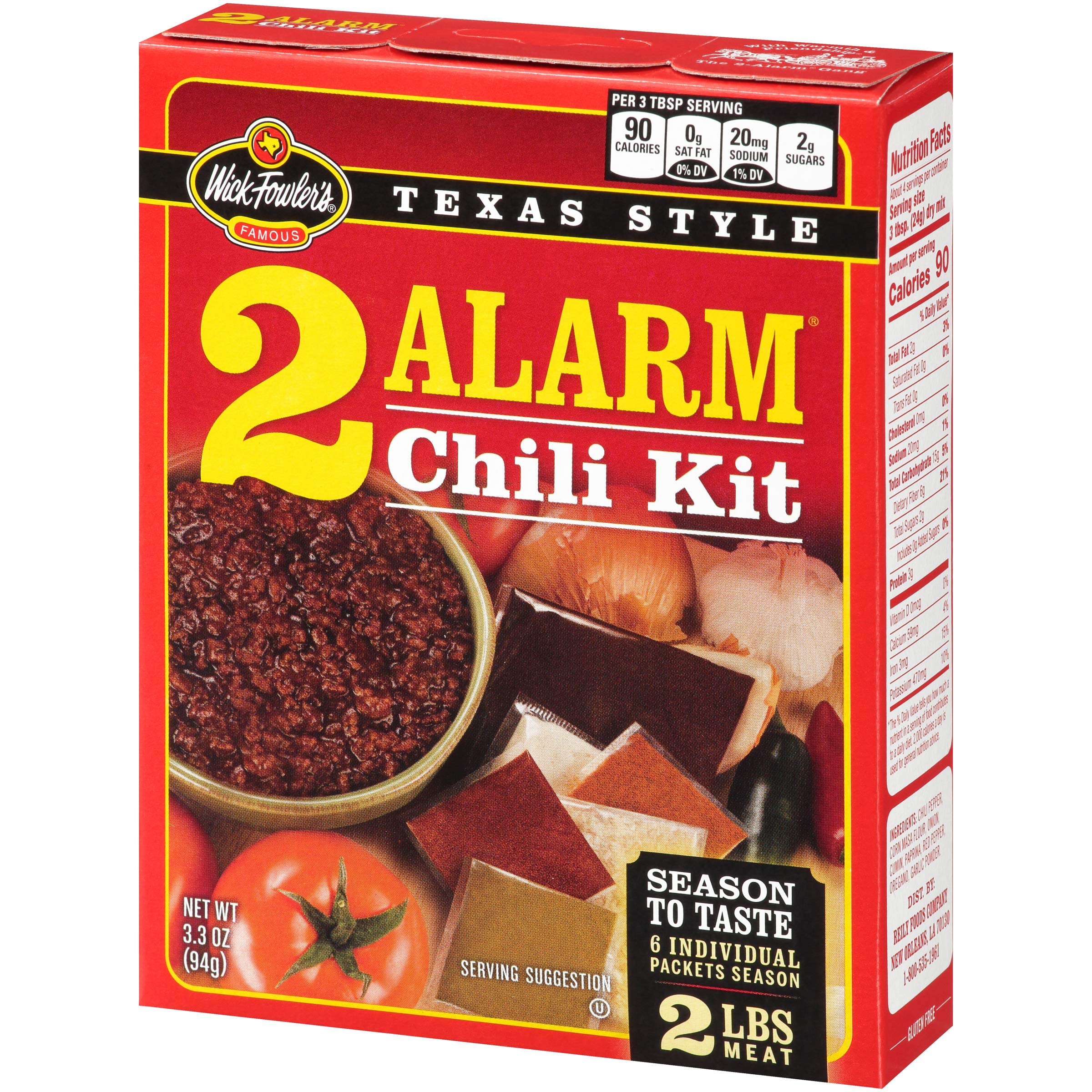 Wick Fowler's 2 Alarm Chili Kit onion garlic pack builds savory base.