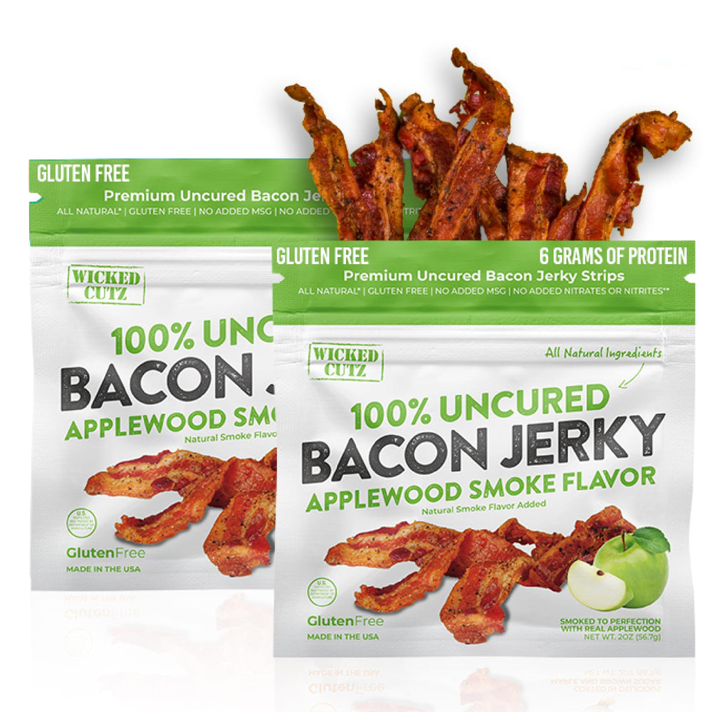 Wicked Cutz Applewood Smoked Bacon Jerky pack showcasing premium protein for on-the-go meals