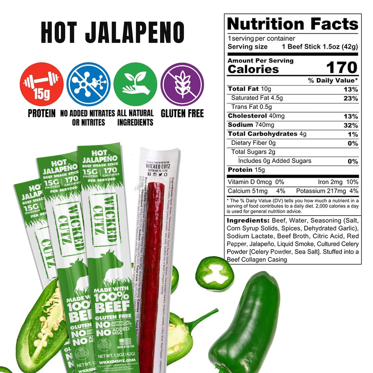 Wicked Cutz Hot Jalapeño beef sticks, spicy and chewy