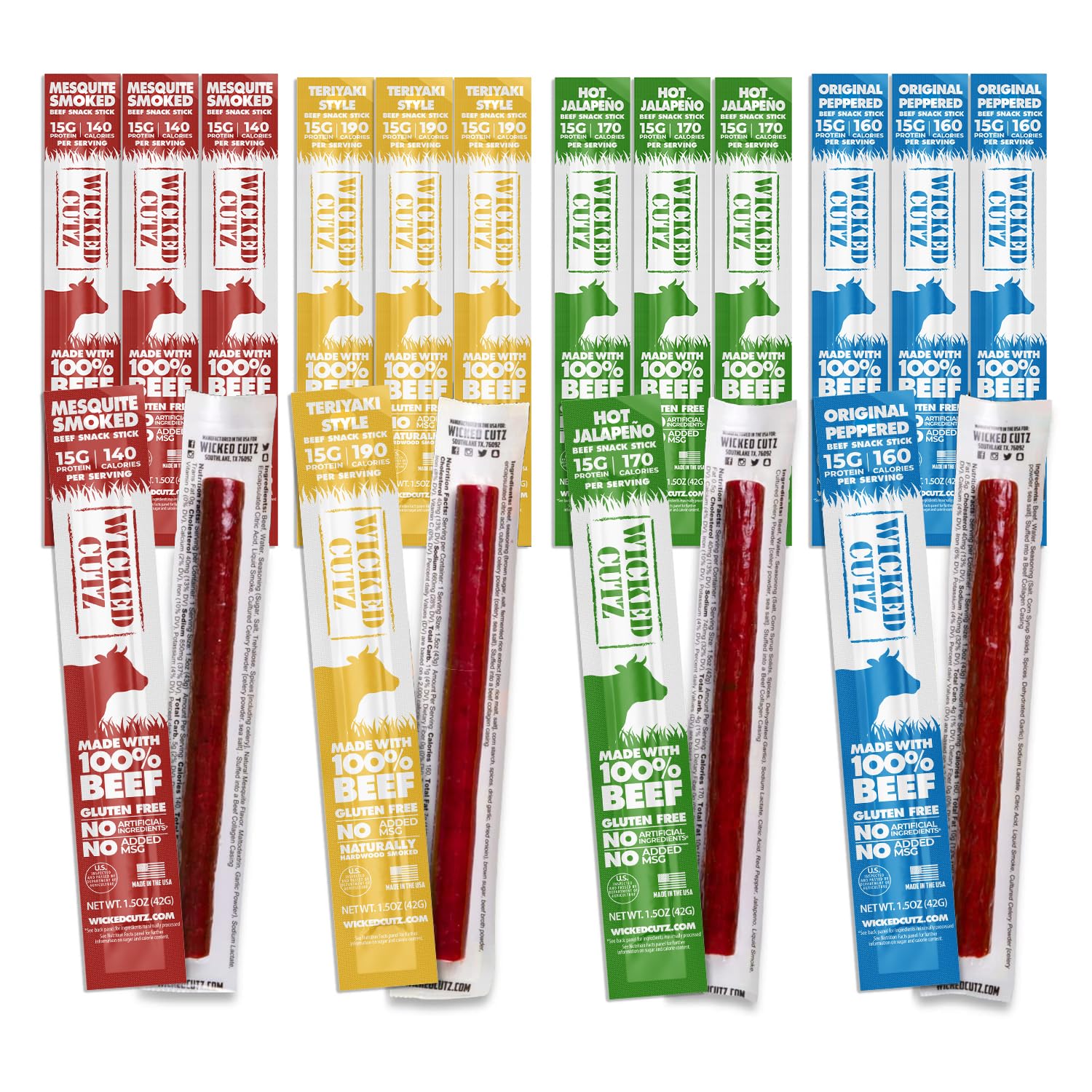 Wicked Cutz Original Peppered beef sticks, classic jerky texture
