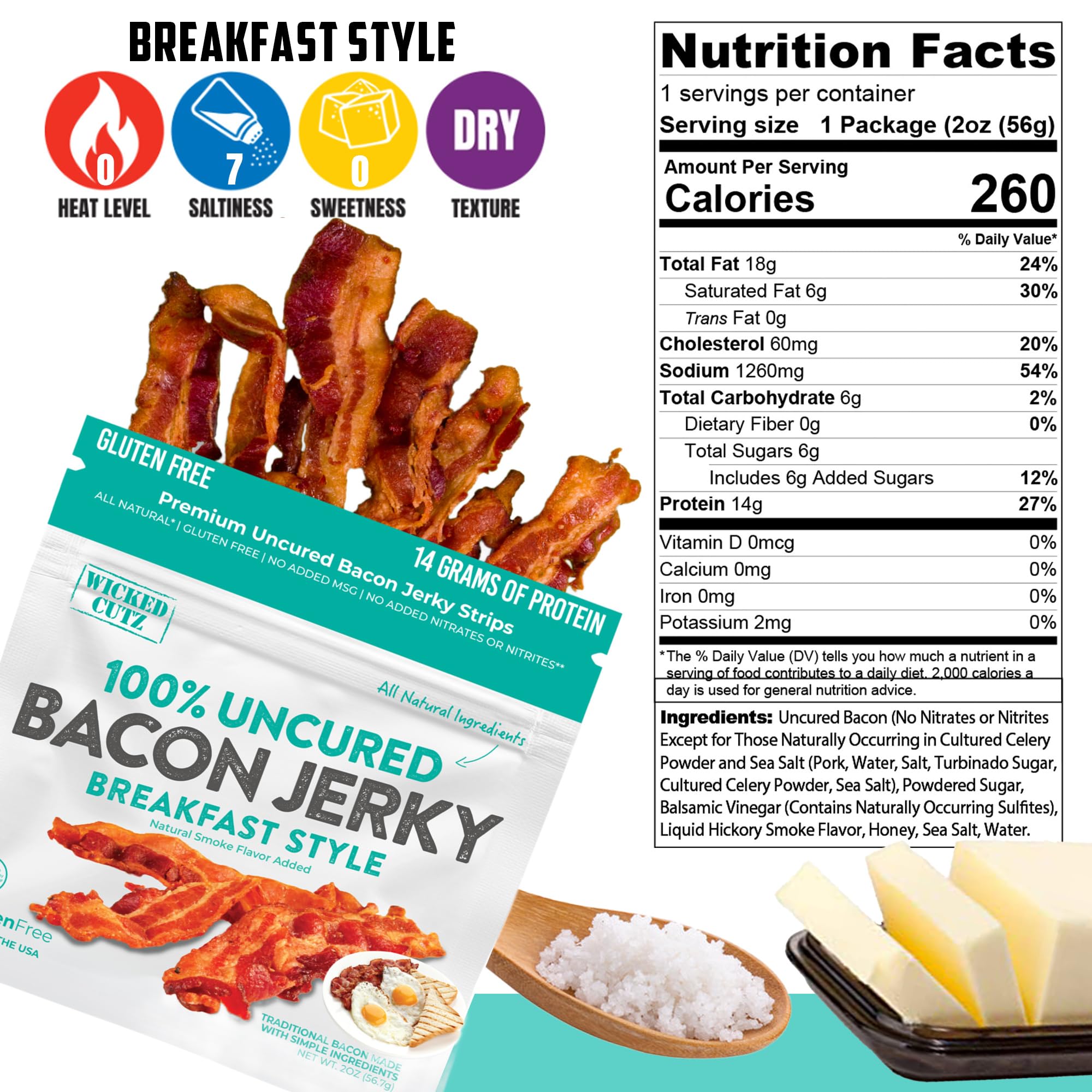 Wicked Cutz Breakfast Style Bacon Jerky bag close-up highlights tender texture for quick snacking.