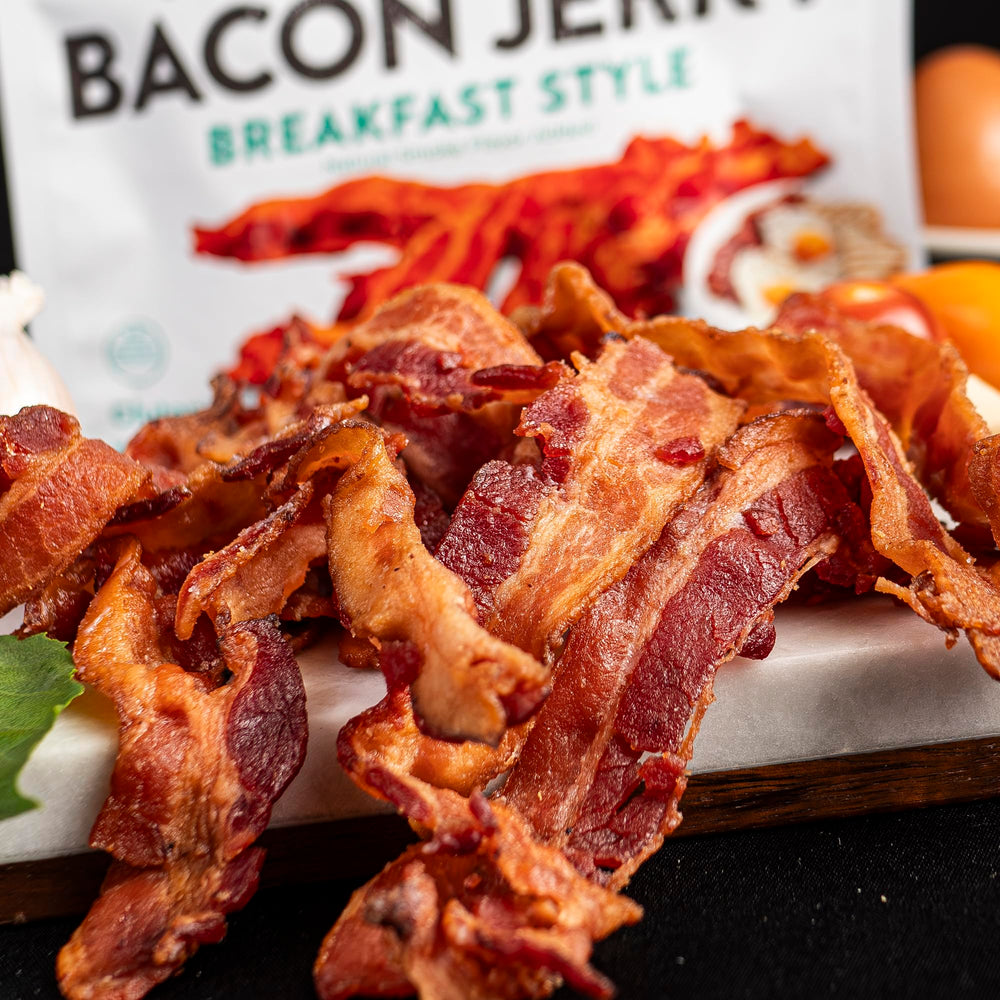 Wicked Cutz Breakfast Style Bacon Jerky nutrition panel close-up showing 14g protein.