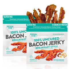 Wicked Cutz Breakfast Style Bacon Jerky pack front showcases a high-protein snack.