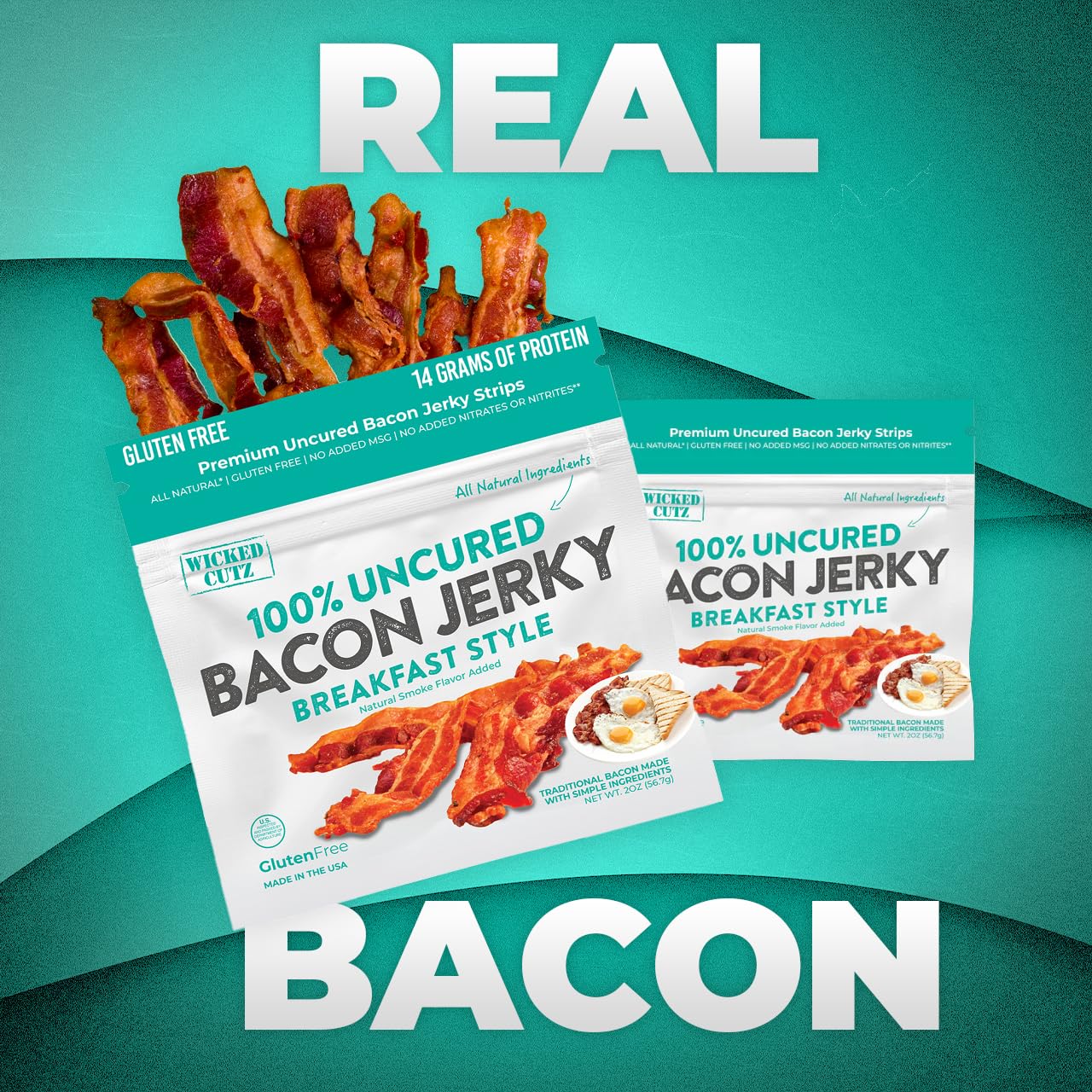 Wicked Cutz Breakfast Style Bacon Jerky tender slices pictured for on-the-go protein.