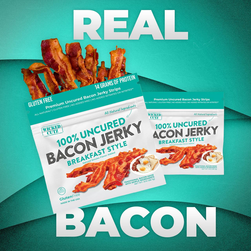 Wicked Cutz Breakfast Style Bacon Jerky tender slices pictured for on-the-go protein.