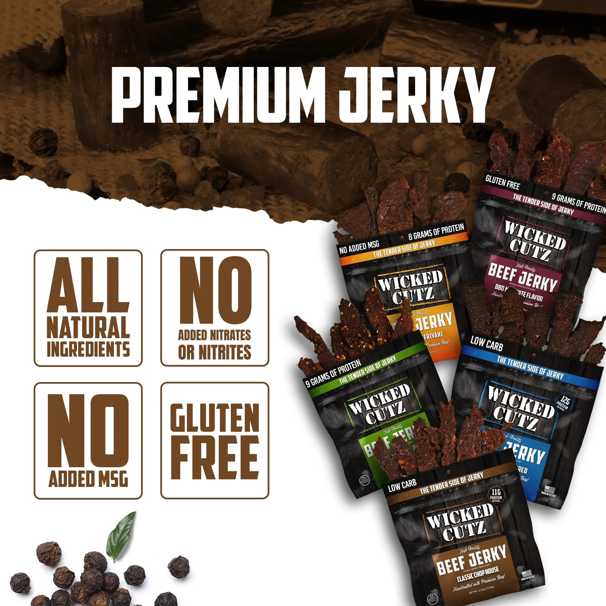 Wicked Cutz Chop House Style beef jerky bag, savory tender chew.