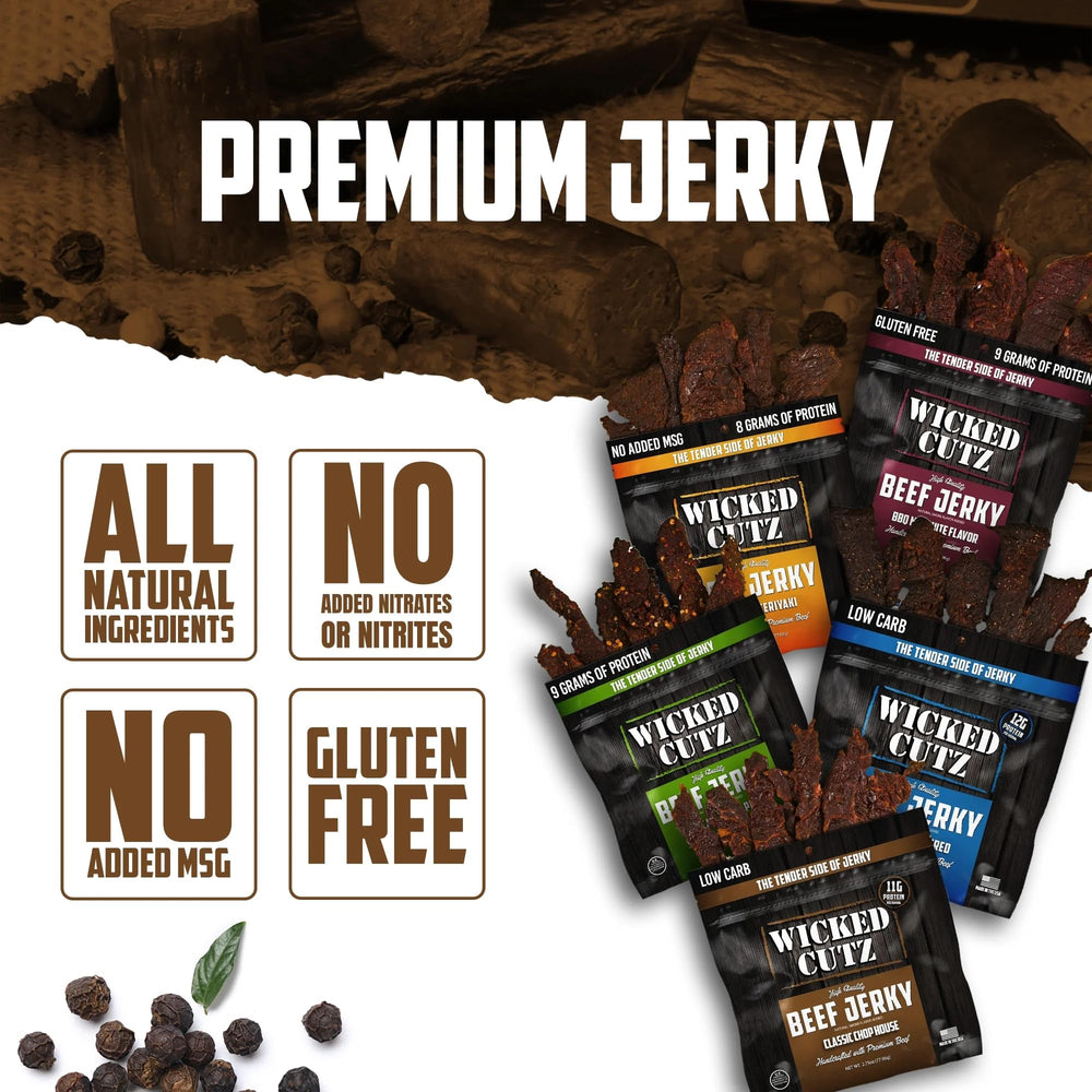 Wicked Cutz Chop House Style beef jerky bag, savory tender chew.