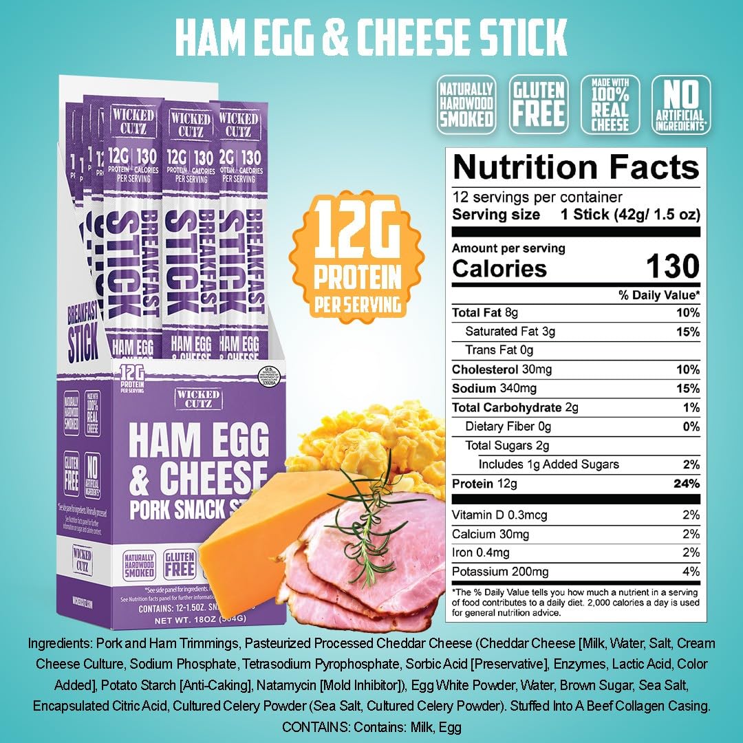Wicked Cutz Ham Egg Cheese Stick closeup highlights juicy texture for a satisfying morning bite.