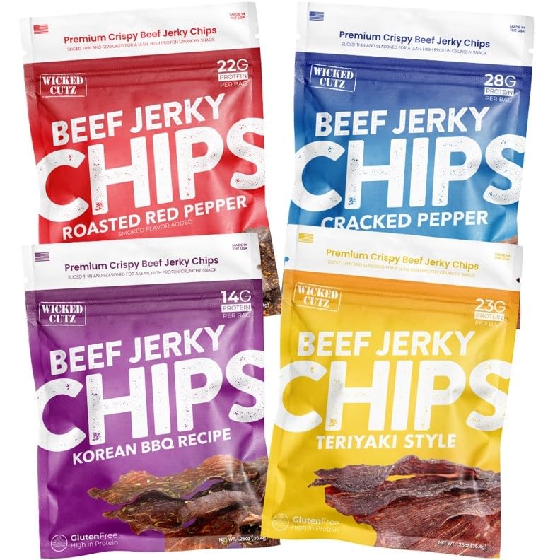 Wicked Cutz Jerky Chips cracked pepper 4-pack close-up, high-protein snack for on-the-go energy