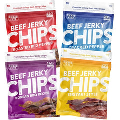 Wicked Cutz Jerky Chips cracked pepper 4-pack close-up, high-protein snack for on-the-go energy