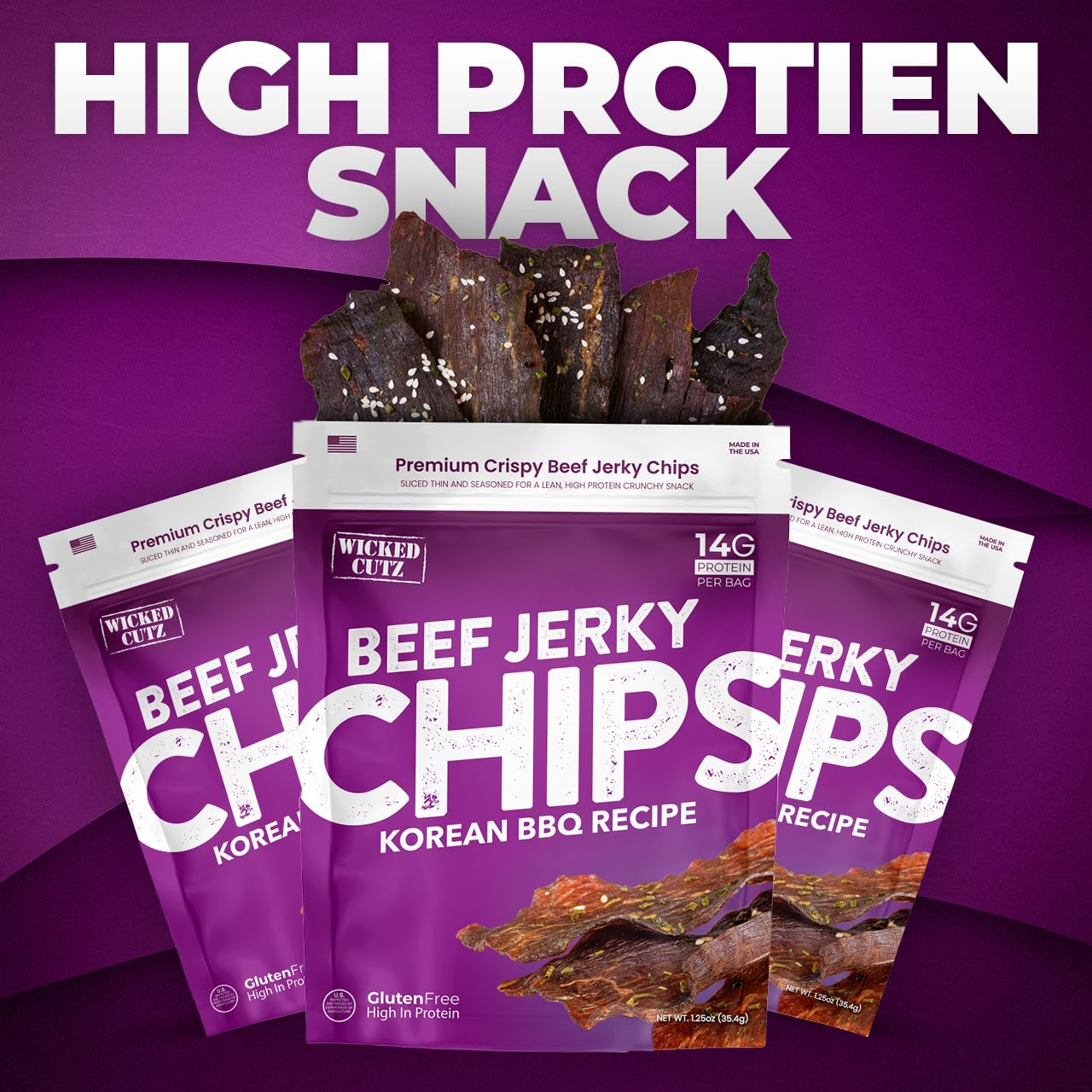 Wicked Cutz Jerky Chips cracked pepper close-up, premium protein bite for fitness