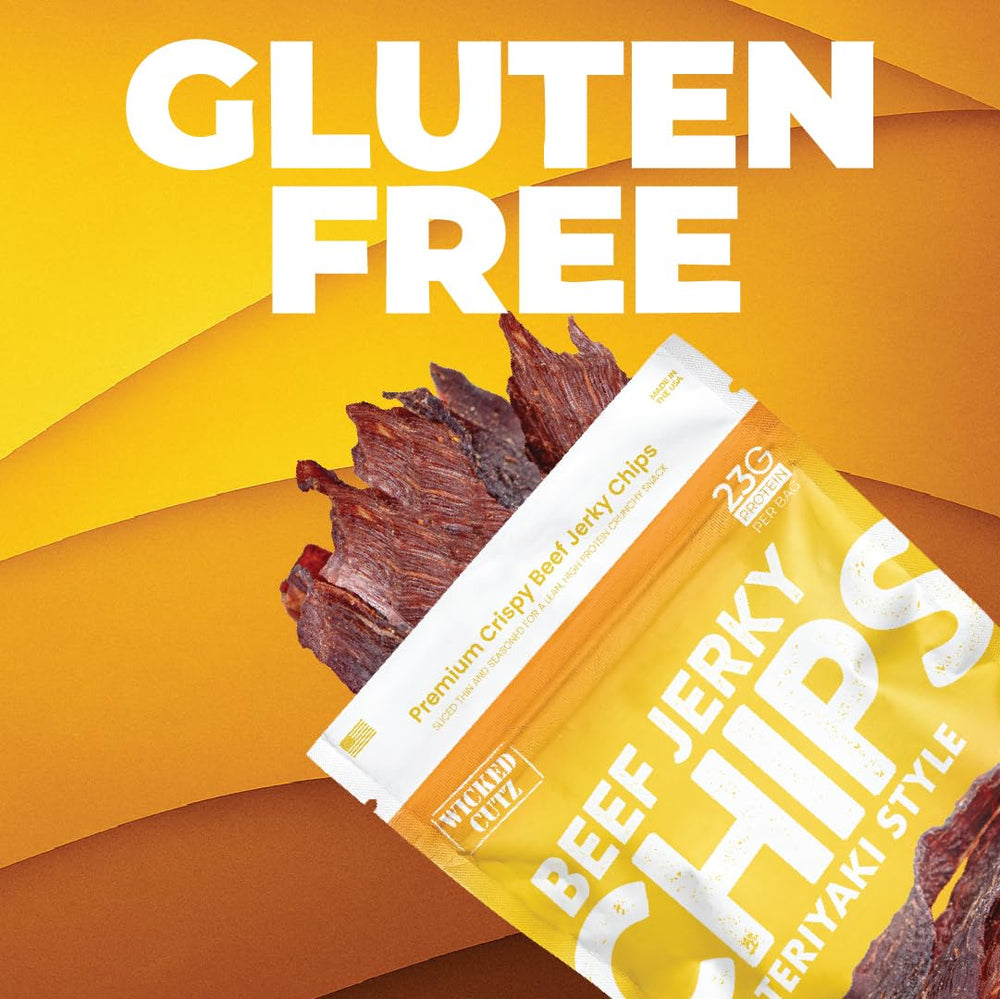 Wicked Cutz Jerky Chips roasted red pepper close-up, crunchy, high-protein treat