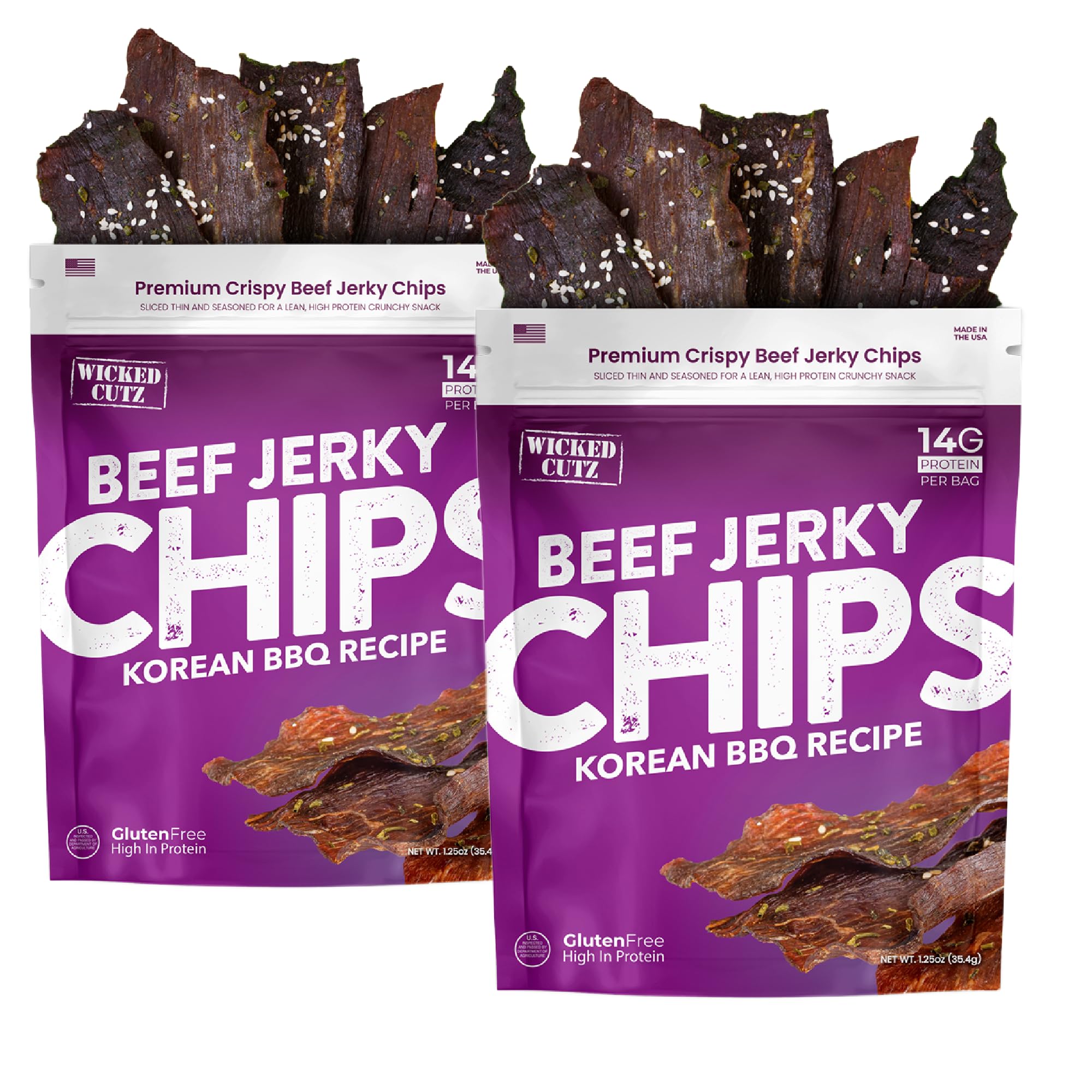 Wicked Cutz Korean BBQ Beef Jerky Chips bag with a protein-packed crunch for on-the-go.