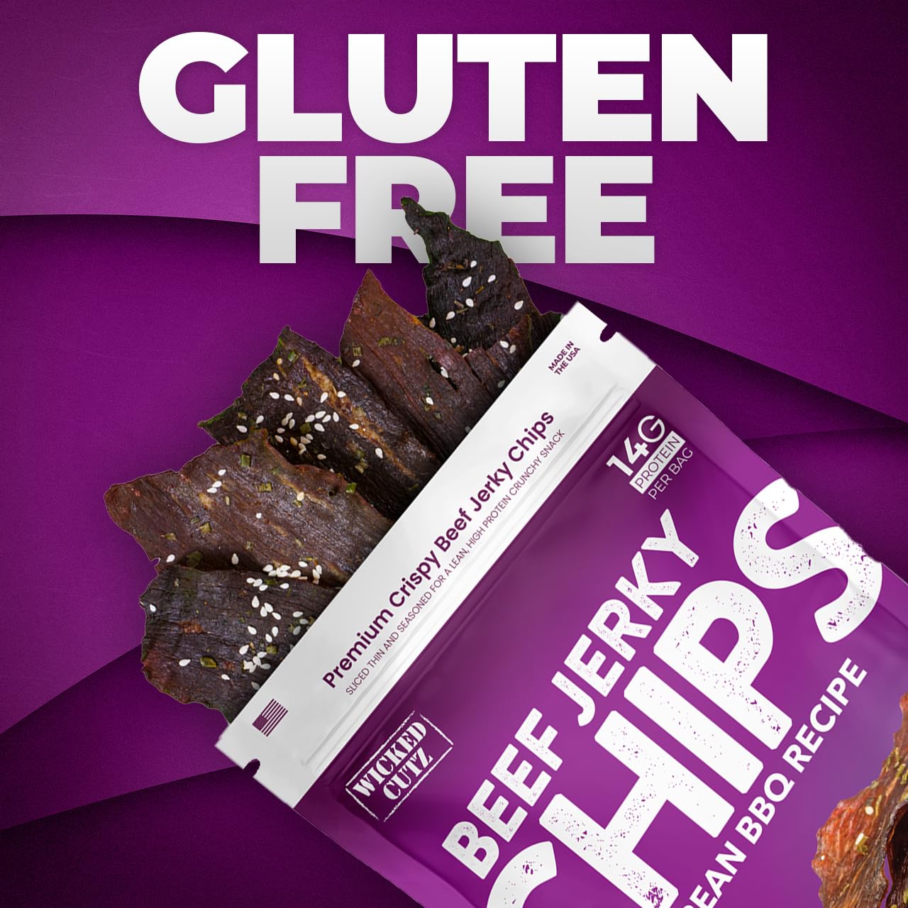 Wicked Cutz Korean BBQ beef jerky chips with premium ingredients.