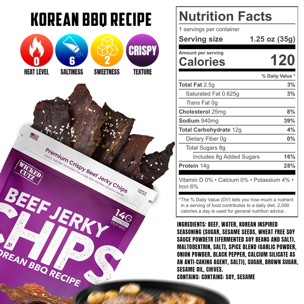 Wicked Cutz beef jerky chips close-up highlighting sesame for bold Korean BBQ flavor.