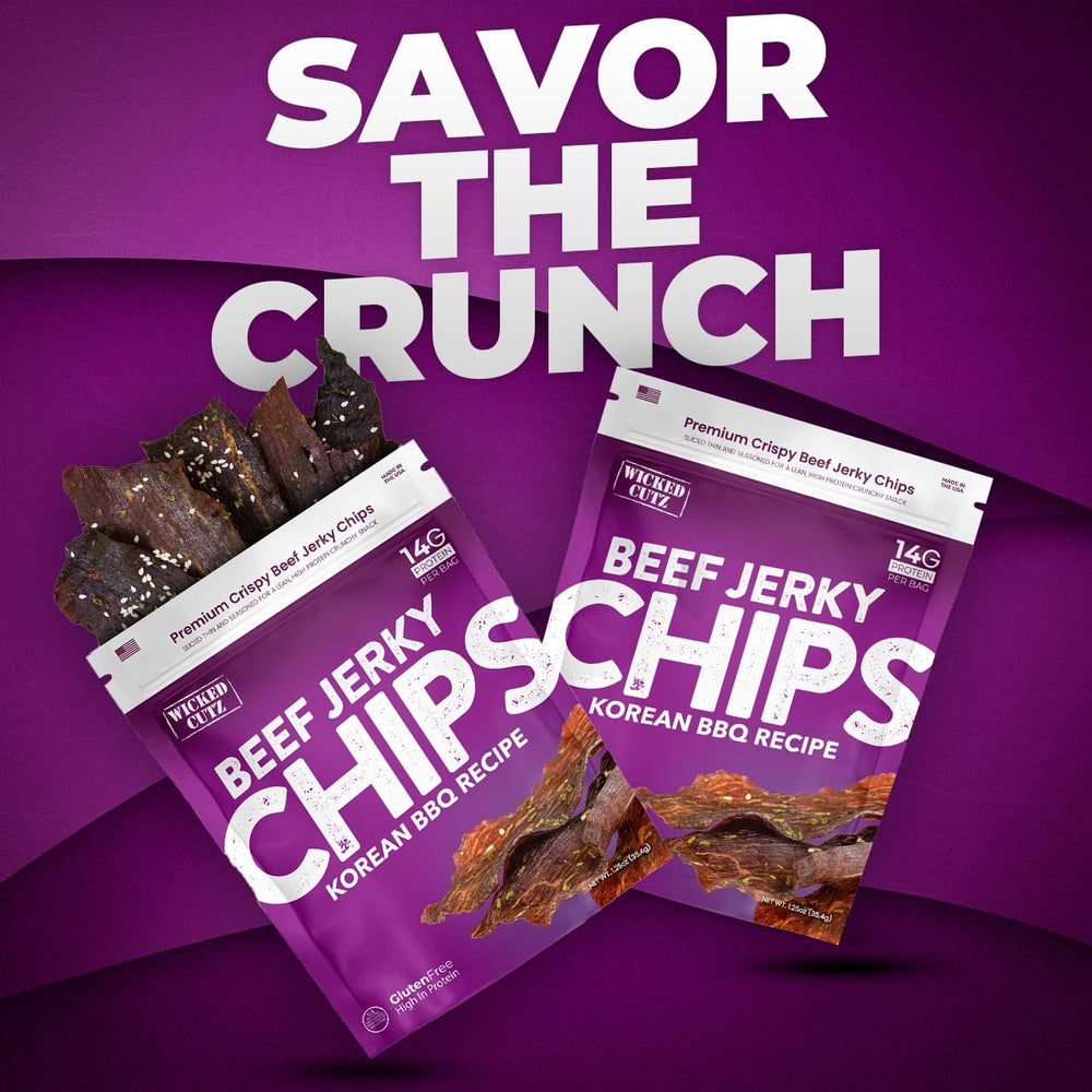 Wicked Cutz Korean BBQ Beef Jerky Chips USA-made packaging on display.