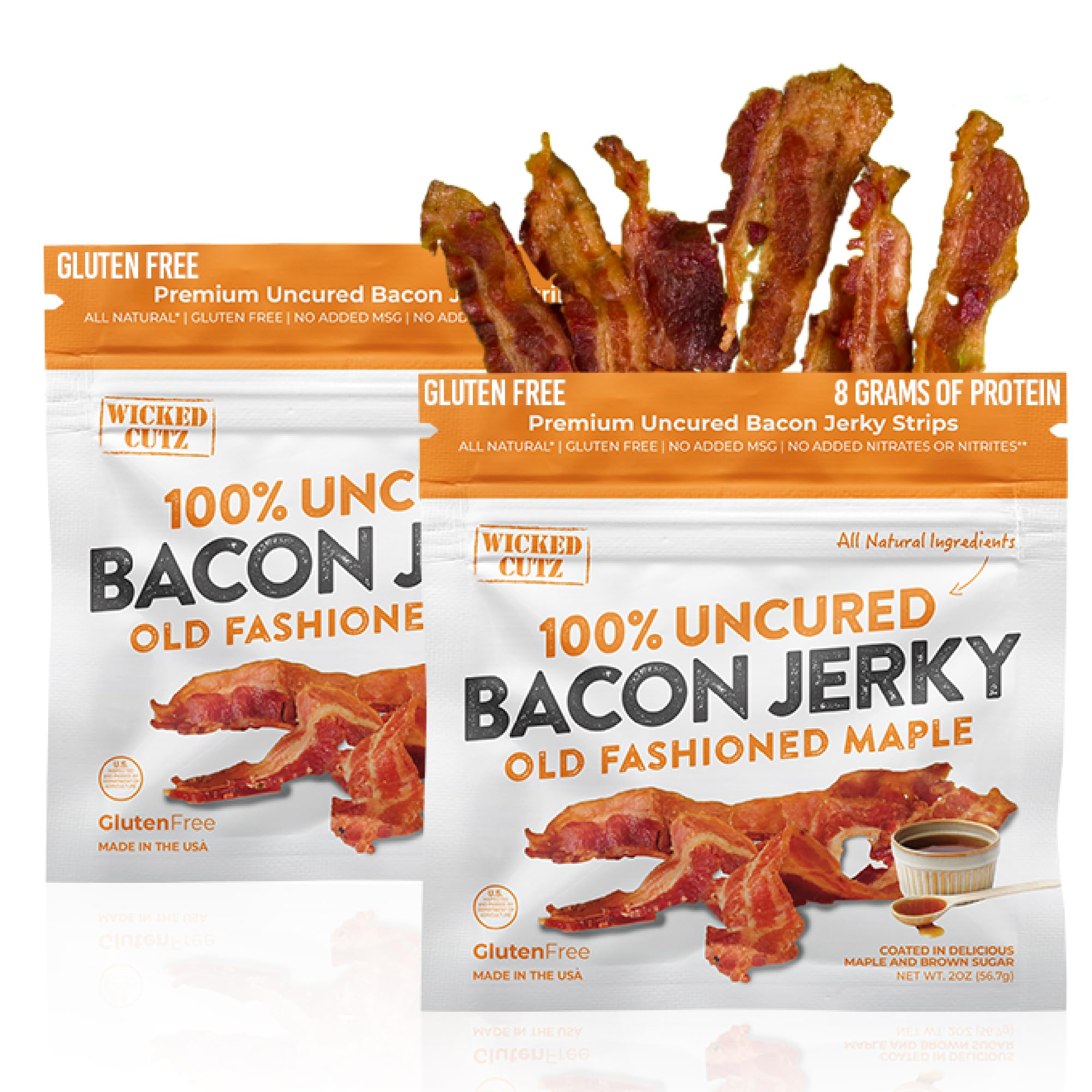 Wicked Cutz Old Fashioned Maple Bacon Jerky packaging showcases US-made quality.