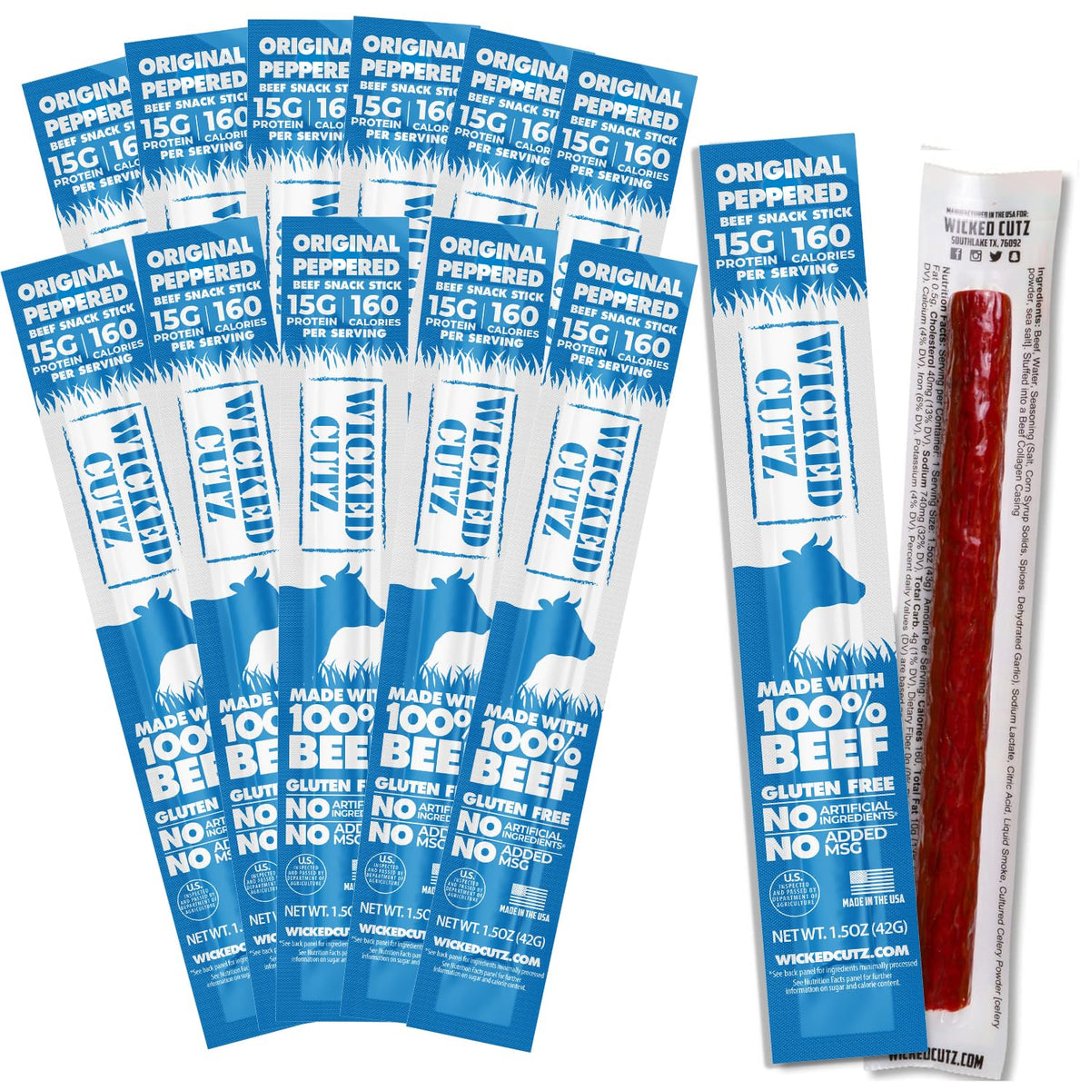 Wicked Cutz Original Peppered Beef Sticks close-up showing juicy texture for on-the-go protein