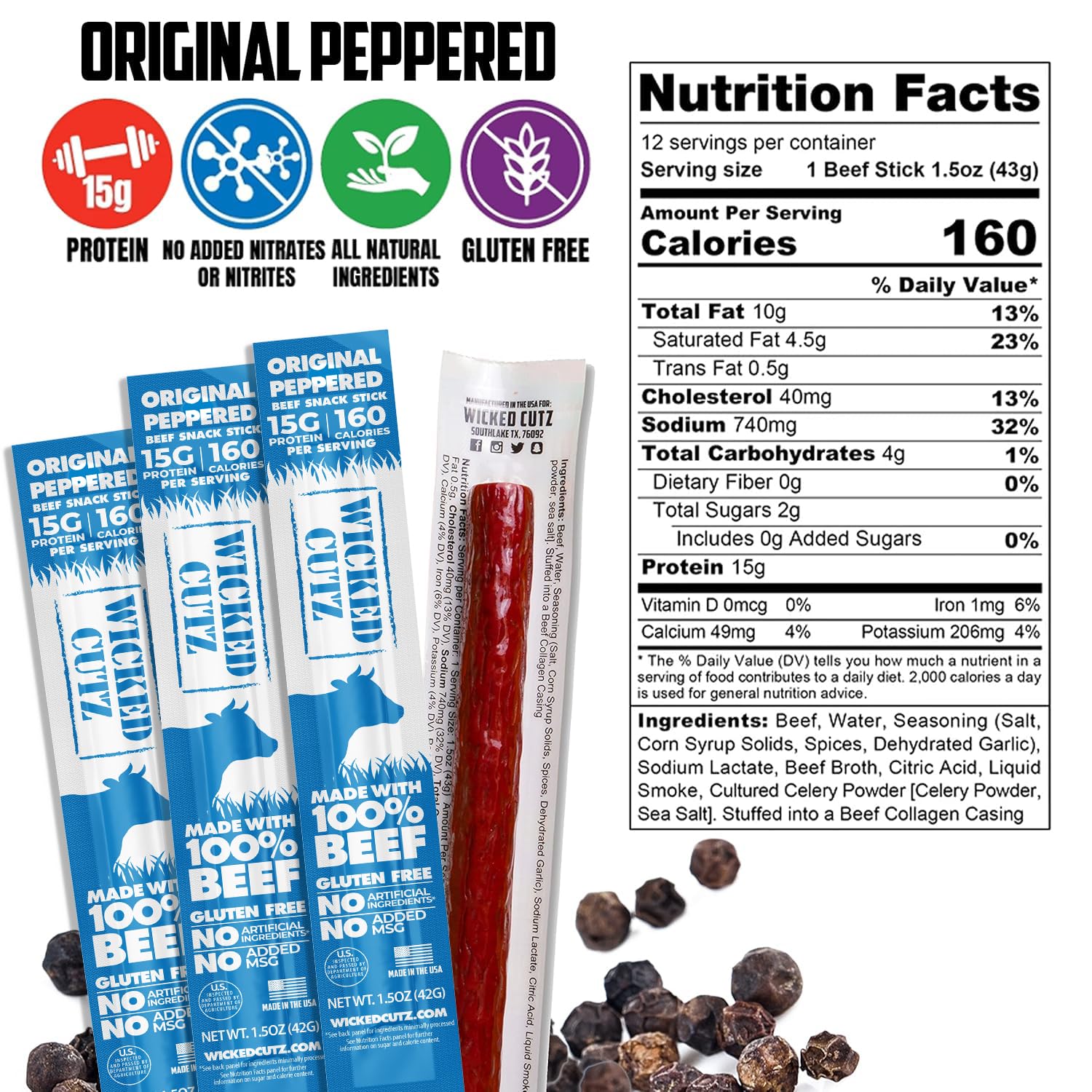 Wicked Cutz Original Peppered Beef Sticks packaging highlighting USA-made quality