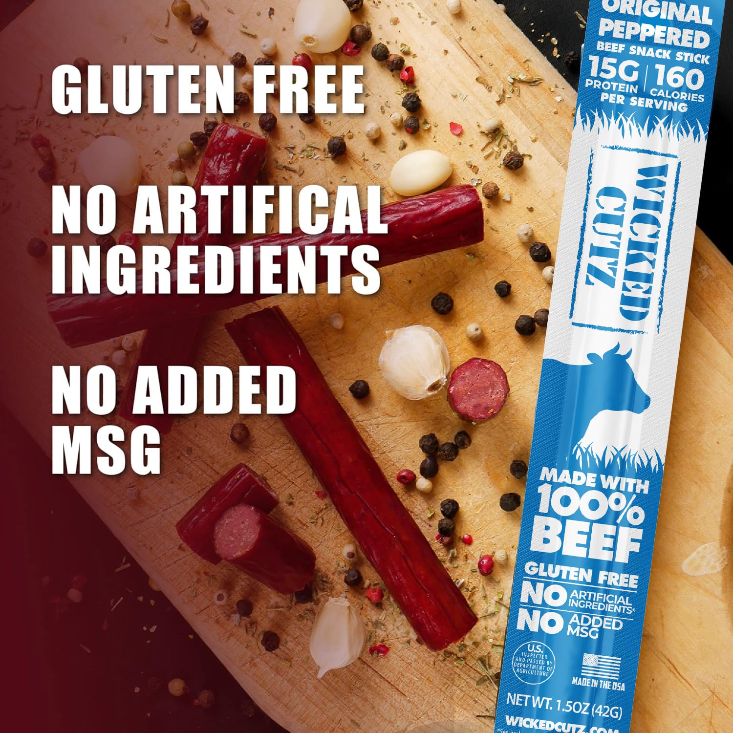 Close-up of tender, pepper-seasoned beef stick texture