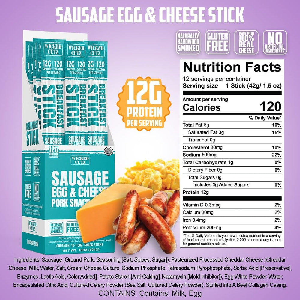 Wicked Cutz Sausage Egg & Cheese Stick unwrap—juicy, easy-to-chew texture.