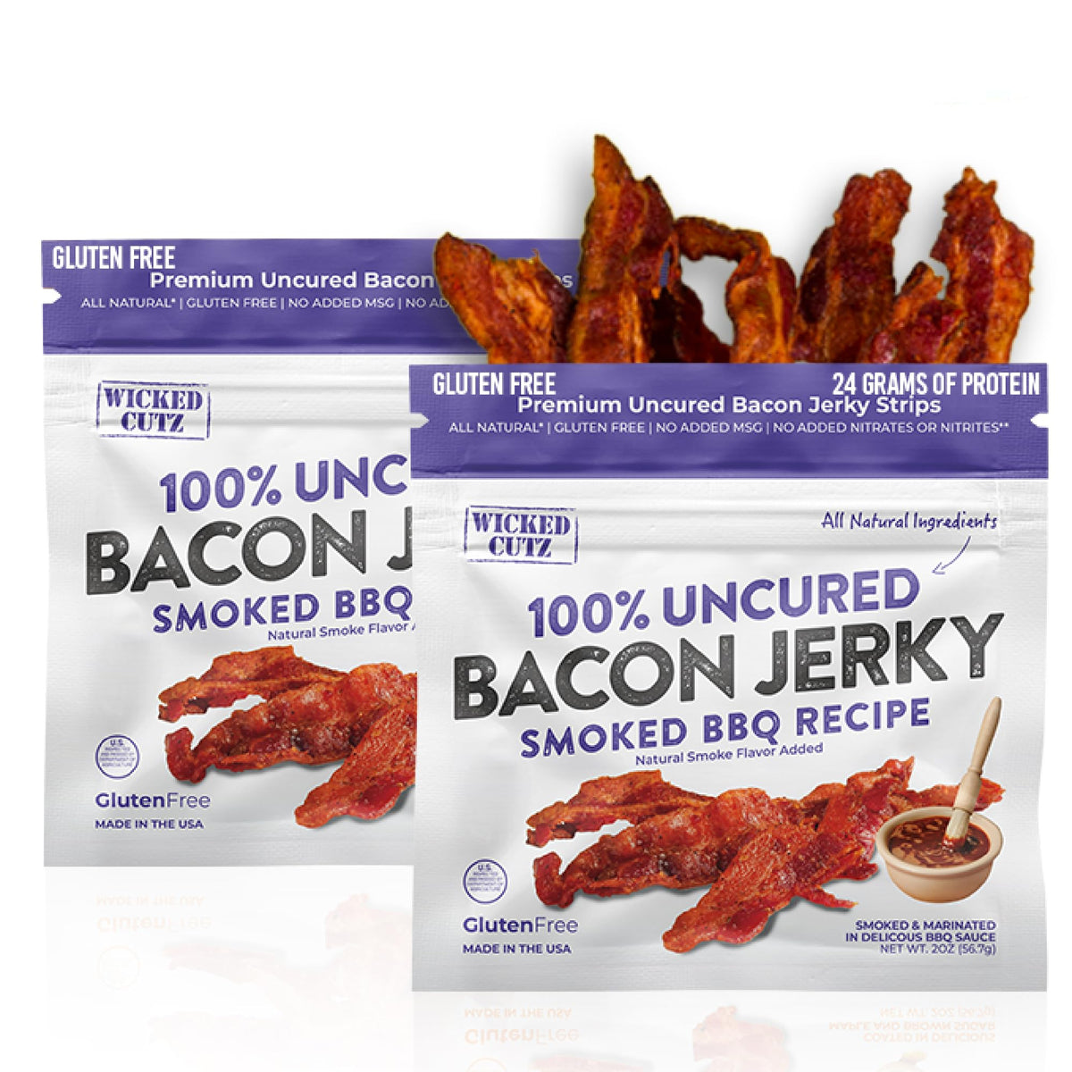 Wicked Cutz Smoked BBQ Bacon Jerky pack, high-protein on-the-go snack.