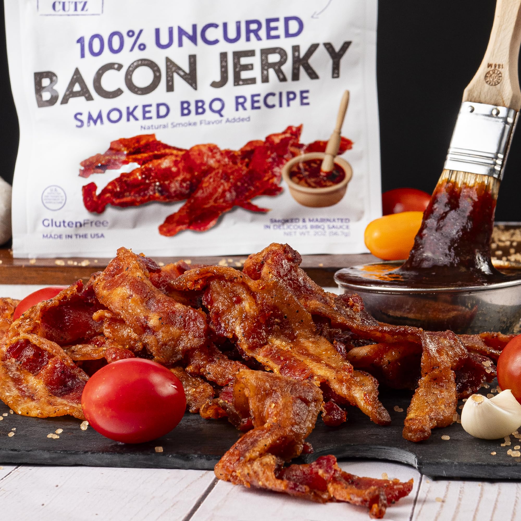 USA-made Wicked Cutz bacon jerky label emphasizing quality.