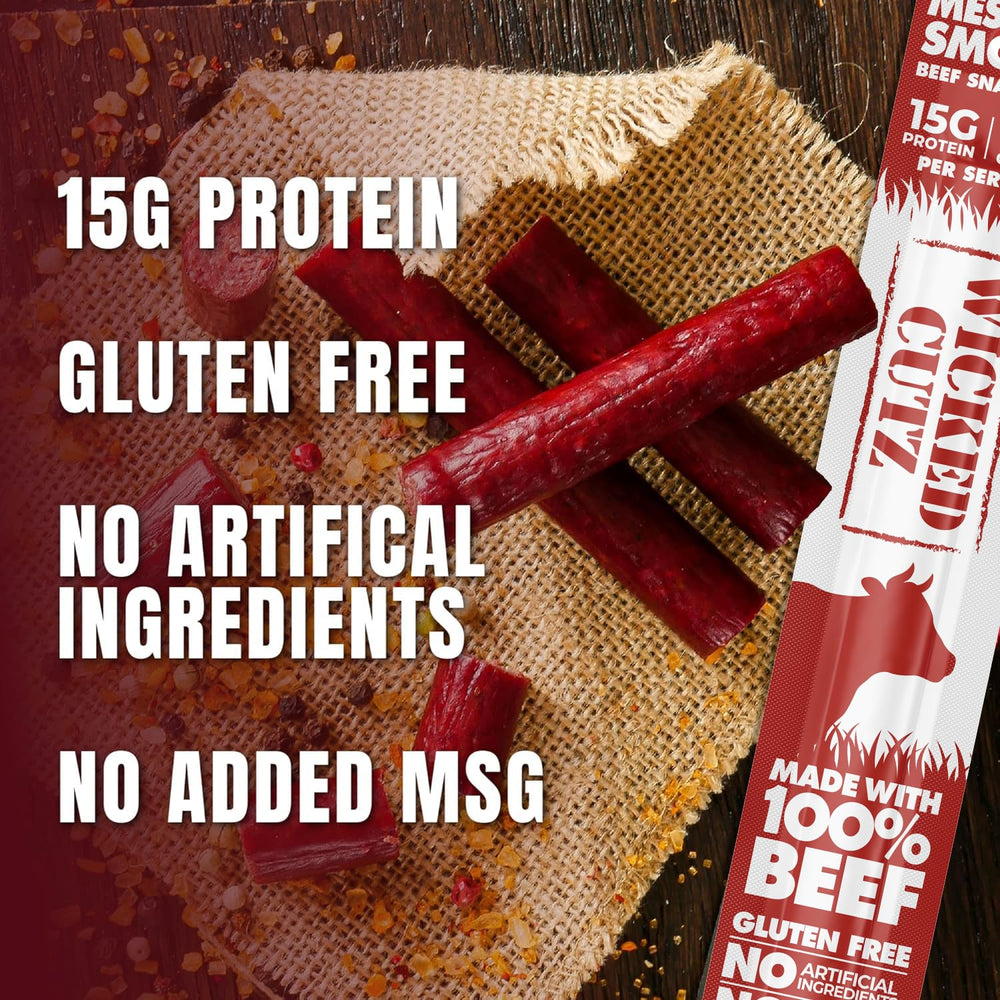 Juicy and tender Wicked Cutz Mesquite Beef Stick with mesquite smoke flavor that satisfies cravings.