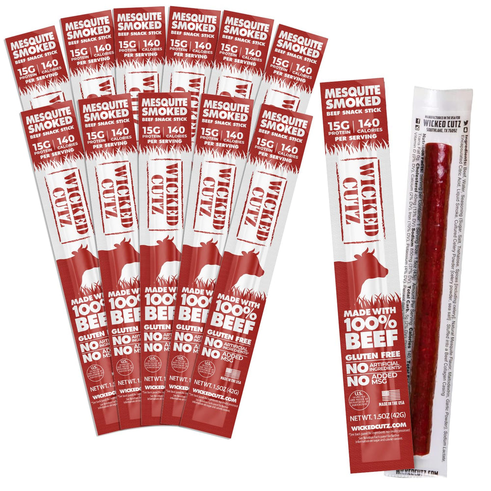Wicked Cutz Smoked Mesquite Beef Stick packaging ready for on-the-go protein.