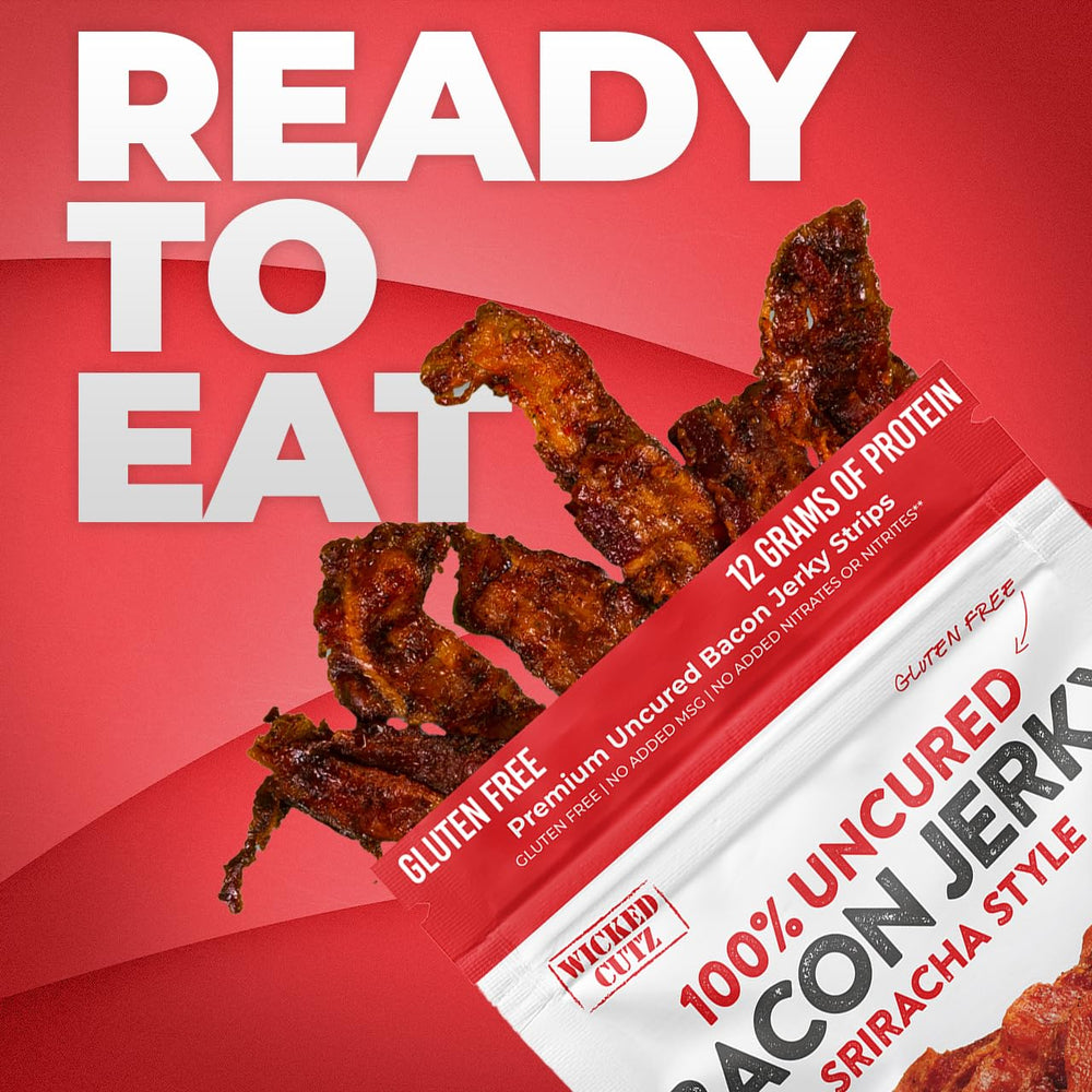 Wicked Cutz Sriracha Bacon Jerky nutrition info shows 12g protein.